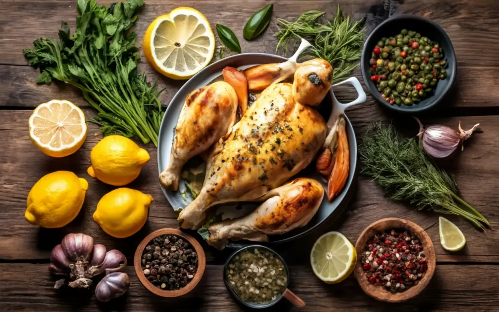 Assortment of fresh herbs, lemon, garlic, and olive oil.