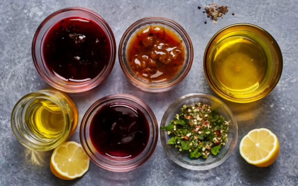 Variety of marinade ingredients including oils, vinegar, and spices.