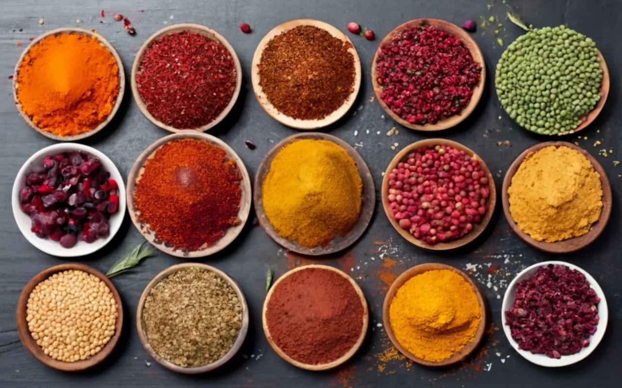 Various spices like paprika, turmeric, and garlic powder arrayed for meat marination.